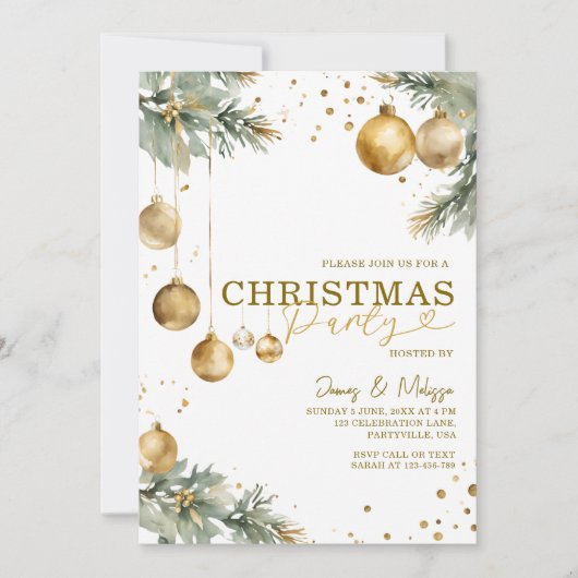 モダンクリスマスツリー金ゴールドオーナメントフェスティバルパーティー 招待状 (正面)