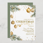 モダンクリスマスツリー金ゴールドオーナメントフェスティバルパーティー 招待状 (正面/裏面)
