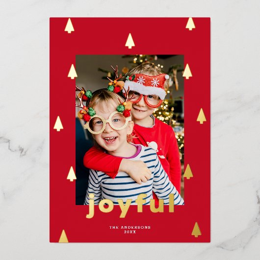 モダンクリスマスツリー1枚フォトレッド+金ゴールド 箔シーズンカード (正面)