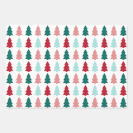 モダンクリスマスツリー、ティール（緑がかった色）、アクア、赤 ラッピングペーパーシート