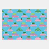 モダンクリスマスツリー&ブルーピンクストライプ車 ラッピングペーパーシート (正面)