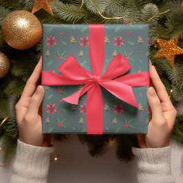 モダンクリスマスツリー&レッドフラワーギフト ラッピングペーパー