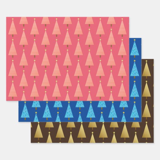 モダンクリスマスツリー、珊瑚、青、茶色のラピン ラッピングペーパーシート (セット)