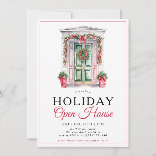 モダンクリスマスドアオープンホリデーハウスパーティー 招待状 (正面)