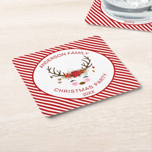 モダンクリスマスパーティーパーソナライズされたトナカイ スクエアペーパーコースター (アングル)