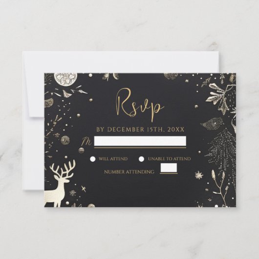 モダンクリスマスパーティーブラック金ゴールドフェスティバルホリデー 出欠カード (正面)