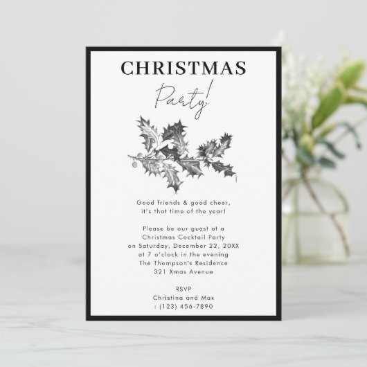 モダンクリスマスパーティー白黒ホリーベリー 招待状 (スタンド正面)