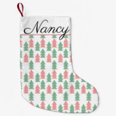 モダンクリスマスピンク緑のクリスマスツリー スモールクリスマスストッキング (正面)