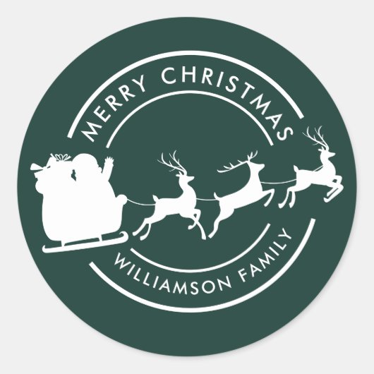 モダンクリスマスファミリー名サンタグリーンカスタム ラウンドシール (正面)