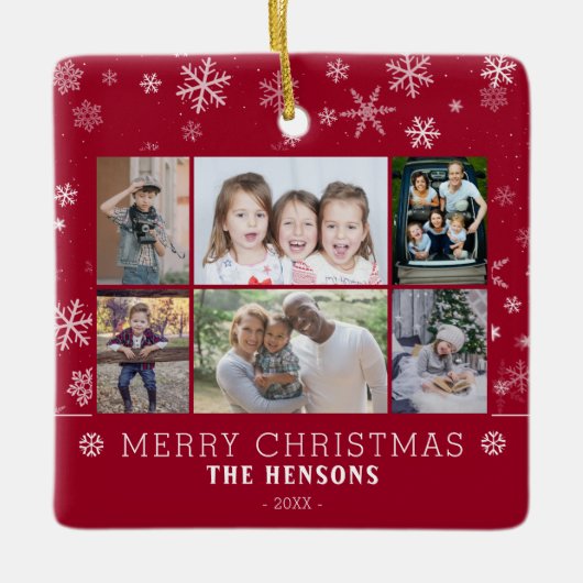 モダンクリスマスファミリー6フォトコラージュ セラミックオーナメント (正面)