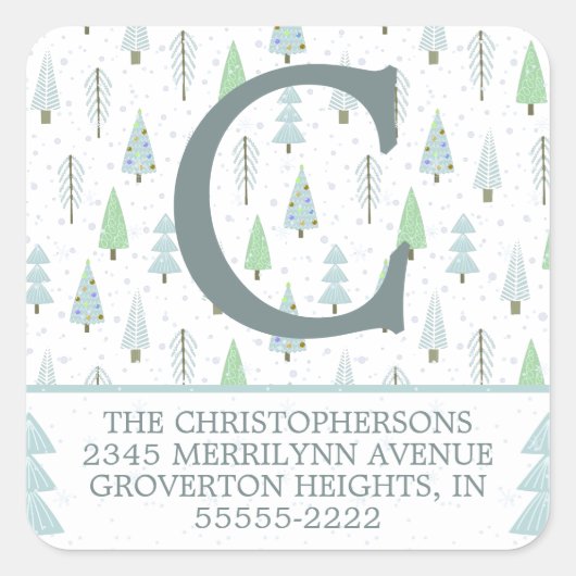モダンクリスマスフォレストツリーズブルー差出人住所 スクエアシール (正面)