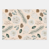 モダンクリスマスフローラの白いパターン ラッピングペーパーシート (正面3)