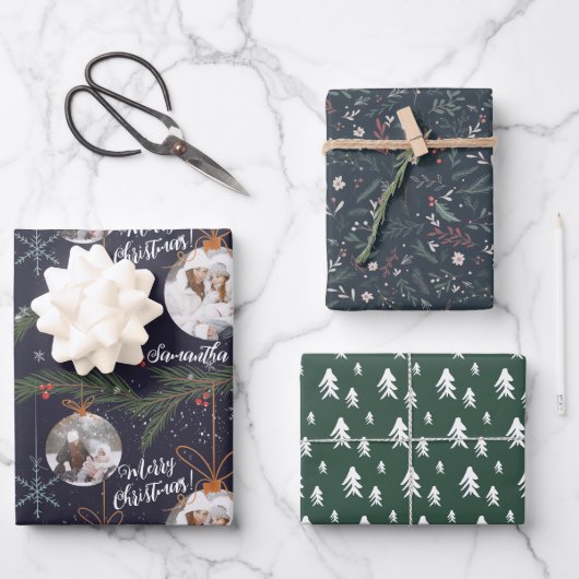 モダンクリスマスフローラ赤い緑の写真 ラッピングペーパーシート (正面)