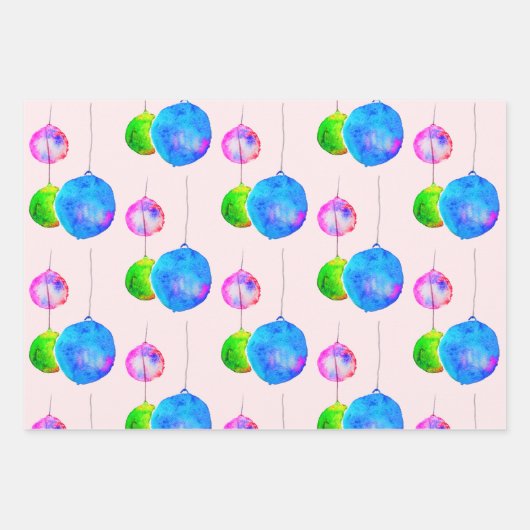 モダンクリスマスブルーとピンクのカラフルアートデザイン ラッピングペーパーシート (正面)