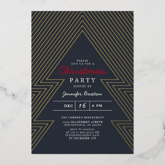 モダンクリスマスブルーホリデーパーティー金ゴールド 箔招待状 (正面)