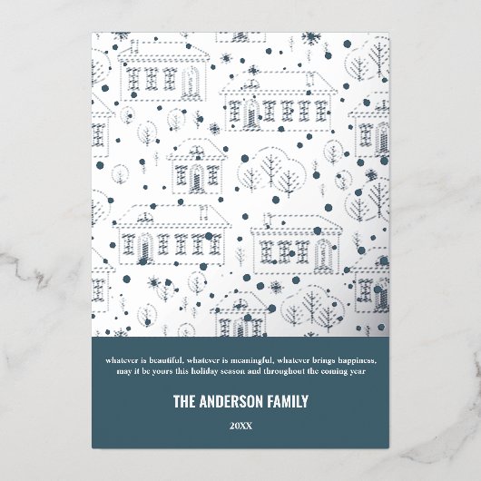 モダンクリスマスブルーホワイトハウスデザインシルバー 箔シーズンカード (正面)