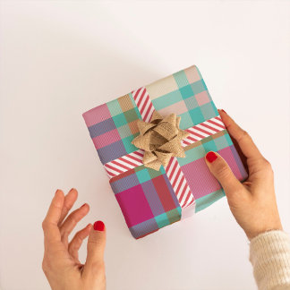 モダンクリスマスプレドタータンチェックレトロホットピンクアクア ラッピングペーパー