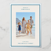 モダンクリスマスベージュ&ブルーフォトフレームシルバー 箔シーズンカード (正面)