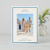 モダンクリスマスベージュ&ブルーフォトフレームシルバー 箔シーズンカード (立ち正面)