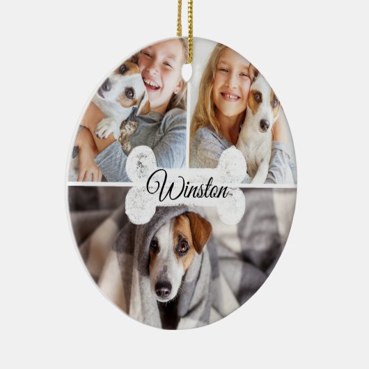 モダンクリスマスペットドッグボーン3枚フォトコラージュ セラミックオーナメント (右)