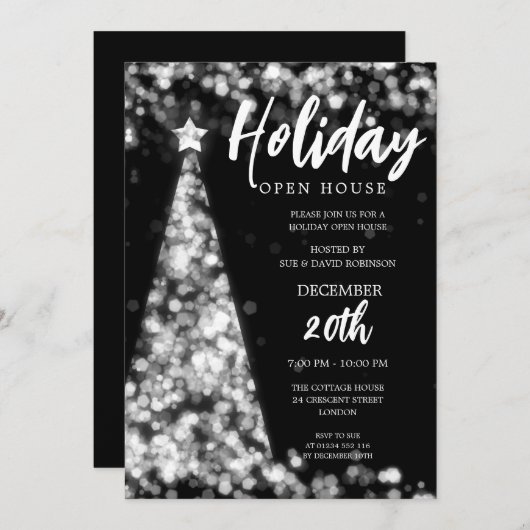 モダンクリスマスホリデーオープンハウスパーティーシルバー 招待状 (正面/裏面)