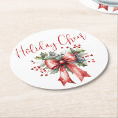 モダンクリスマスホリデー応援スクリプトレッドボウ ラウンドペーパーコースター (アングル)