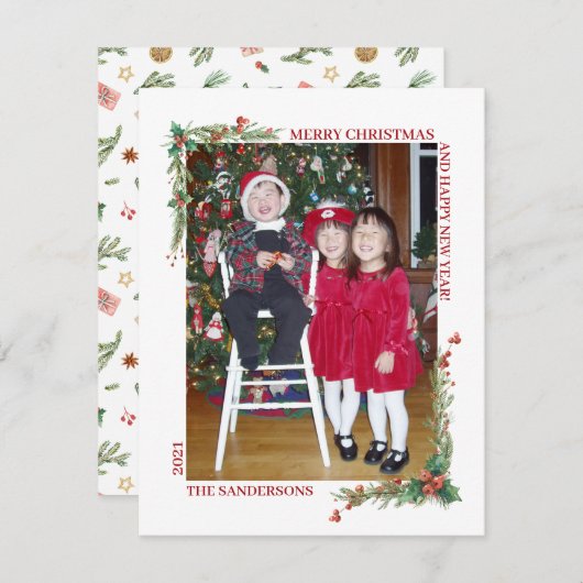 モダンクリスマスボタニカルファミリーホリデーフォト シーズンカード (正面/裏面)