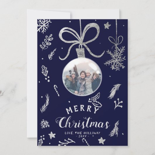 モダンクリスマスボール写真シルバーイラストレーション シーズンカード (正面)