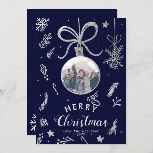 モダンクリスマスボール写真シルバーイラストレーション シーズンカード (正面/裏面)