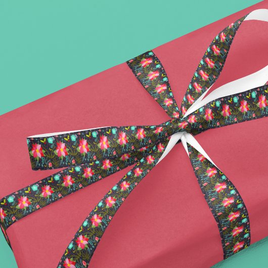 モダンクリスマスポインセチア模様 サテンリボン