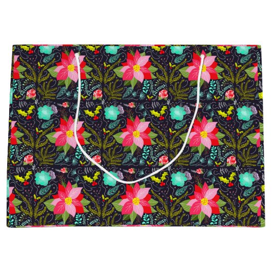 モダンクリスマスポインセチア模様 ラージペーパーバッグ (正面)