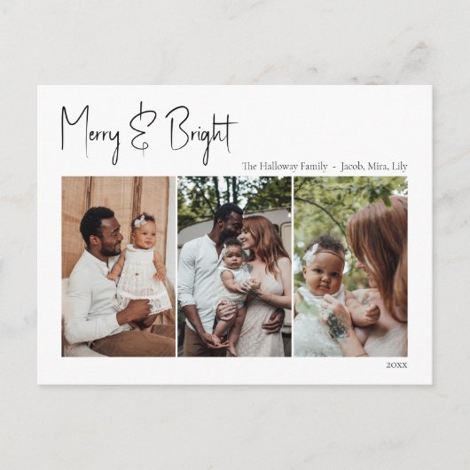 モダンクリスマスメリースクリプトと明るい3枚の写真 シーズンポストカード (正面)