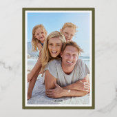 モダンクリスマスモスグリーンフォトフレームバラ金ゴールド 箔シーズンカード (裏面)