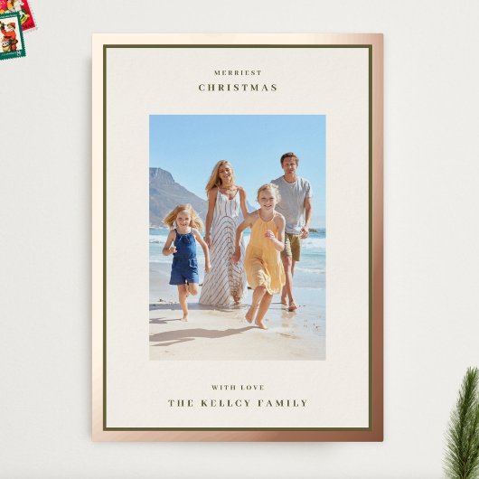 モダンクリスマスモスグリーンフォトフレームバラ金ゴールド 箔シーズンカード