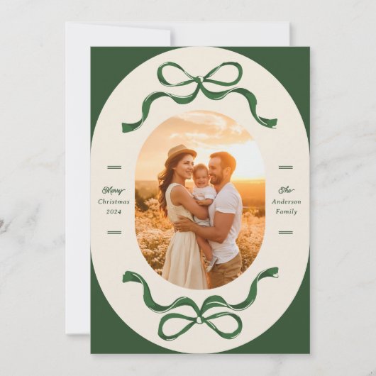 モダンクリスマスリボン&ボーズグリーン楕円形の写真 シーズンカード (正面)