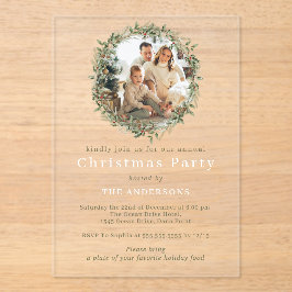 モダンクリスマスリース写真ホリデーパーティー アクリル招待状