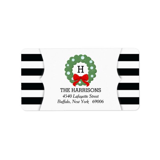 モダンクリスマスリース白黒ストライプ ラベル (正面)