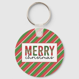 モダンクリスマスレオパープリントレッド緑ストライプ色 キーホルダー