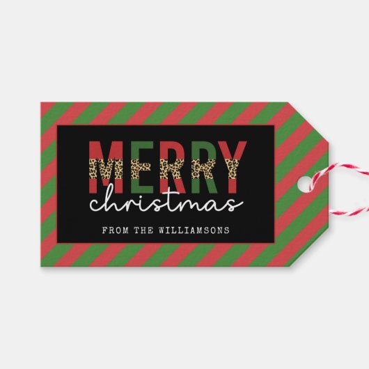 モダンクリスマスレオパープリントレッド緑ストライプ色 ギフトタグ (正面(横))