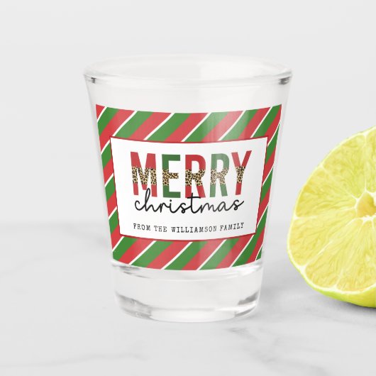 モダンクリスマスレオパープリントレッド緑ストライプ色 ショットグラス (正面)