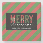 モダンクリスマスレオパープリントレッド緑ストライプ色 ストーンコースター (正面)