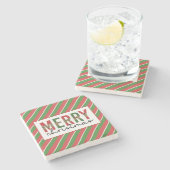 モダンクリスマスレオパープリントレッド緑ストライプ色 ストーンコースター (横)