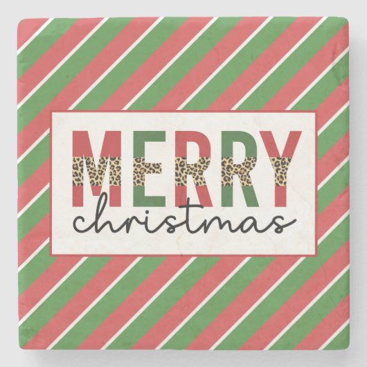 モダンクリスマスレオパープリントレッド緑ストライプ色 ストーンコースター (正面)