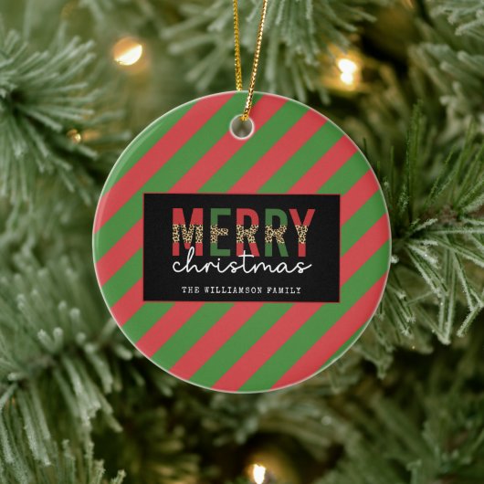 モダンクリスマスレオパープリントレッド緑ストライプ色 セラミックオーナメント (ツリー)
