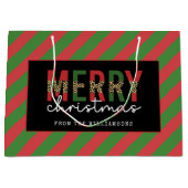 モダンクリスマスレオパープリントレッド緑ストライプ色 ラージペーパーバッグ (正面)