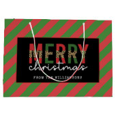 モダンクリスマスレオパープリントレッド緑ストライプ色 ラージペーパーバッグ (裏面)