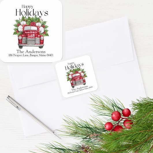 モダンクリスマスヴィンテージレッドトラック差出人住所 スクエアシール