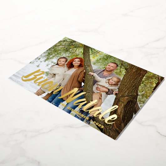 モダンクリスマス写真ブオンナターレ金ゴールド 箔シーズンカード (回転した状態)