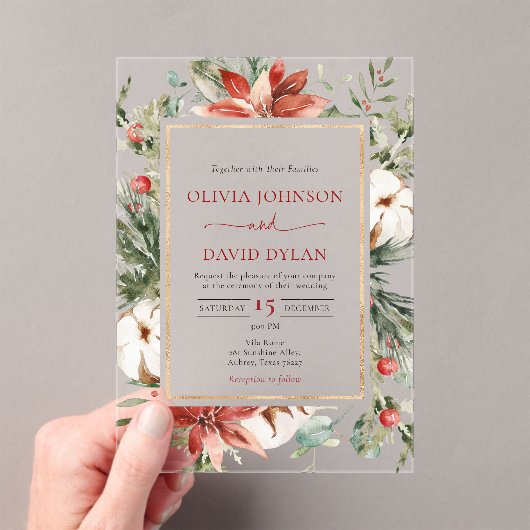 モダンクリスマス冬の赤金ゴールドの緑結婚色 アクリル招待状 (インサイチュ (ポータブル))