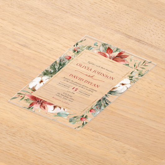 モダンクリスマス冬の赤金ゴールドの緑結婚色 アクリル招待状 (レイダウン)